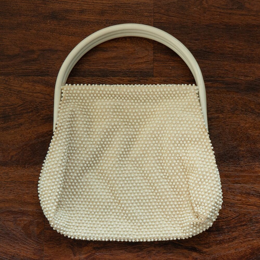 Vintage 60s Purse White CORDE BEADED Bridal 2 Compartment Dainty Hand Bag